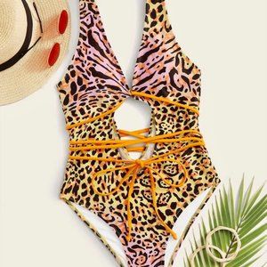 Leopard Pattern Tie Front One Piece Swimsuit